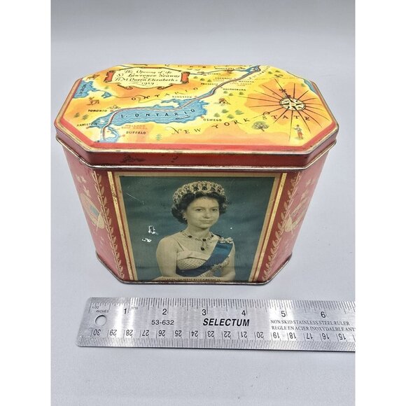 Queen Elizabeth II Biscuit Tin 1956 Opening St. Lawrence Seaway Gray‎ Dunn & Co - Picture 9 of 11